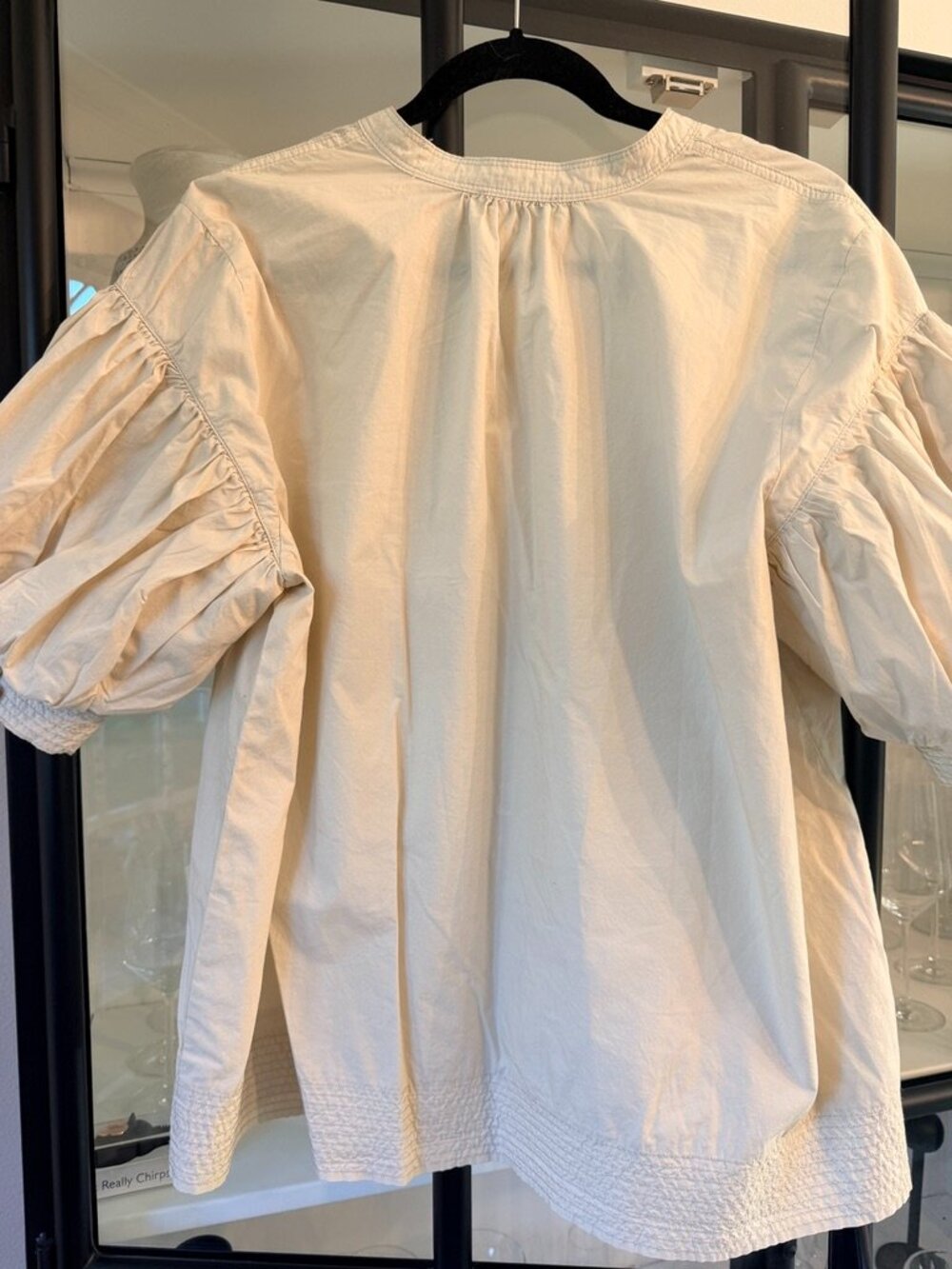 Chico's Sand Beige 100% Cotton Puff Sleeve V-Neck Blouse Top 2 L 12 - Picture 2 of 8